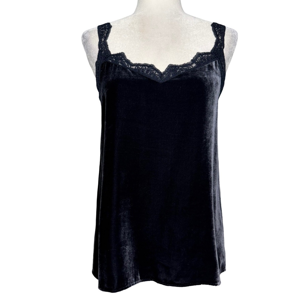 Sundance XS Black Rayon Silk Blend Velvet Lace Trim Tank Top Sleeveless Blue